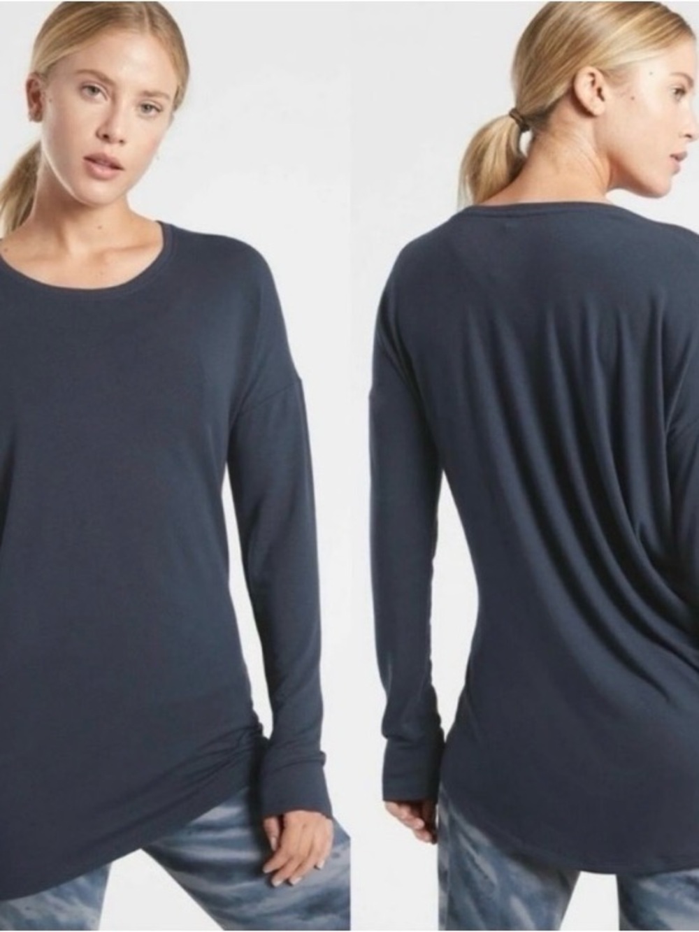Athleta Asymmetrical Cloudlight Restore Long Sleeve Scoop Neck Top - Navy